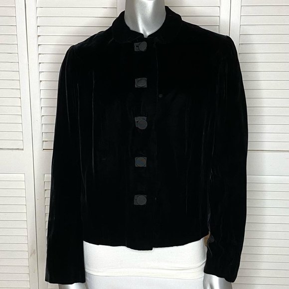 Vintage 40s Goldies Black Velvet Peter Pan Collar Blazer Jacket Round Buttons L - Picture 2 of 8
